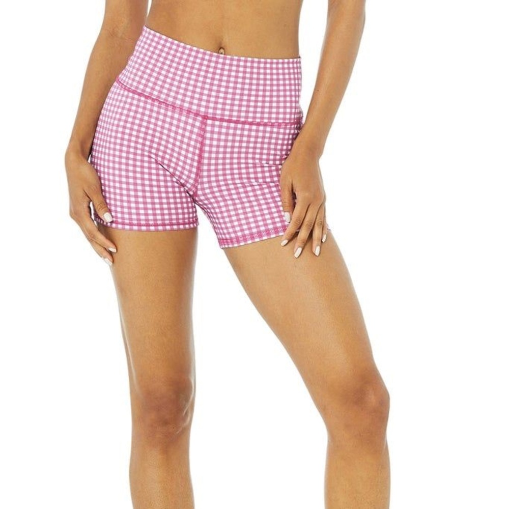 Alo Yoga Pink Gingham Biker Shorts